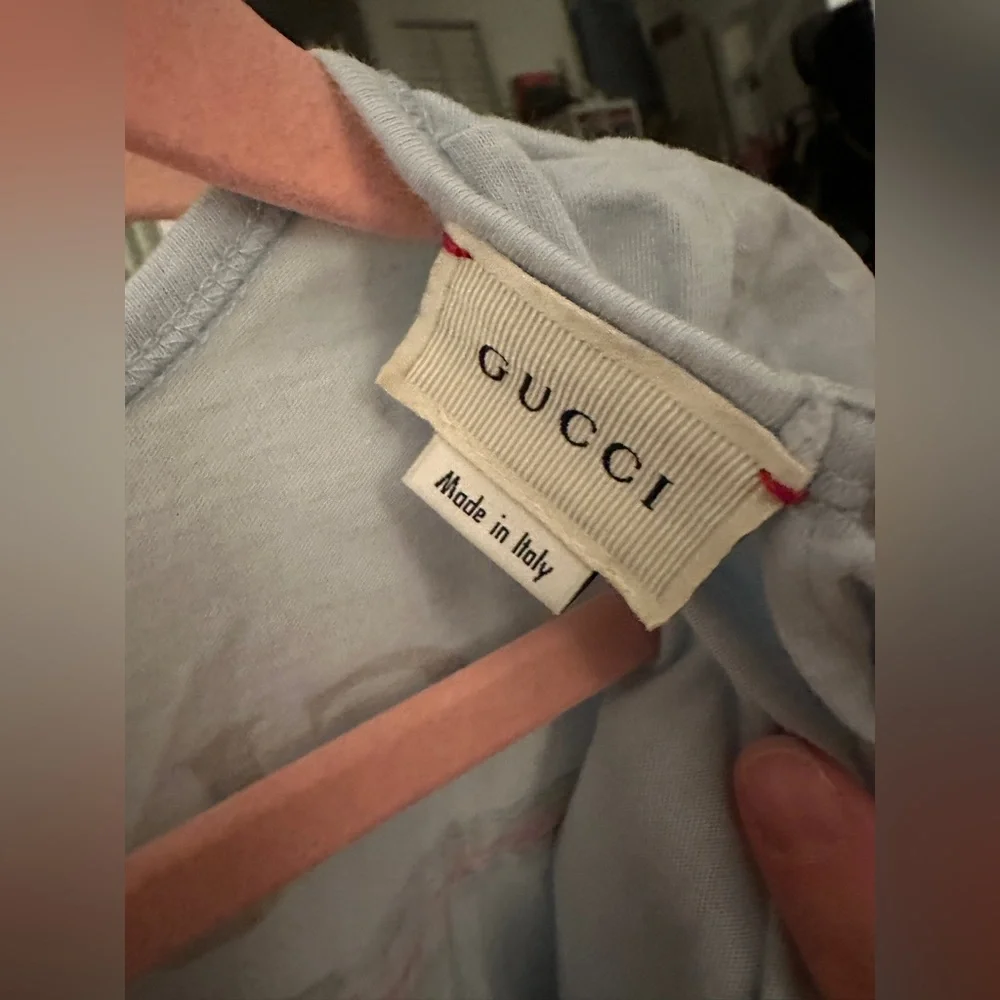 Gucci blue footie with logo print and snaps at legs and neck. 6/9 months - Picture 2 of 4